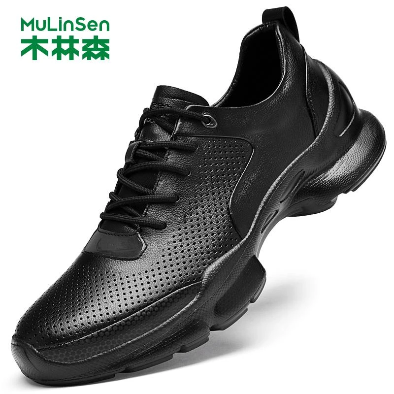 木林森男士运动休闲鞋新款秋季打孔镂空皮鞋真皮透气轻便商务男鞋