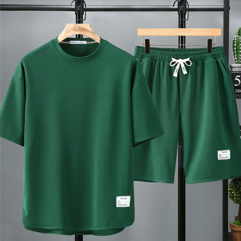 新款夏季男士男装短袖t恤短裤T恤两件套加肥加大百搭运动