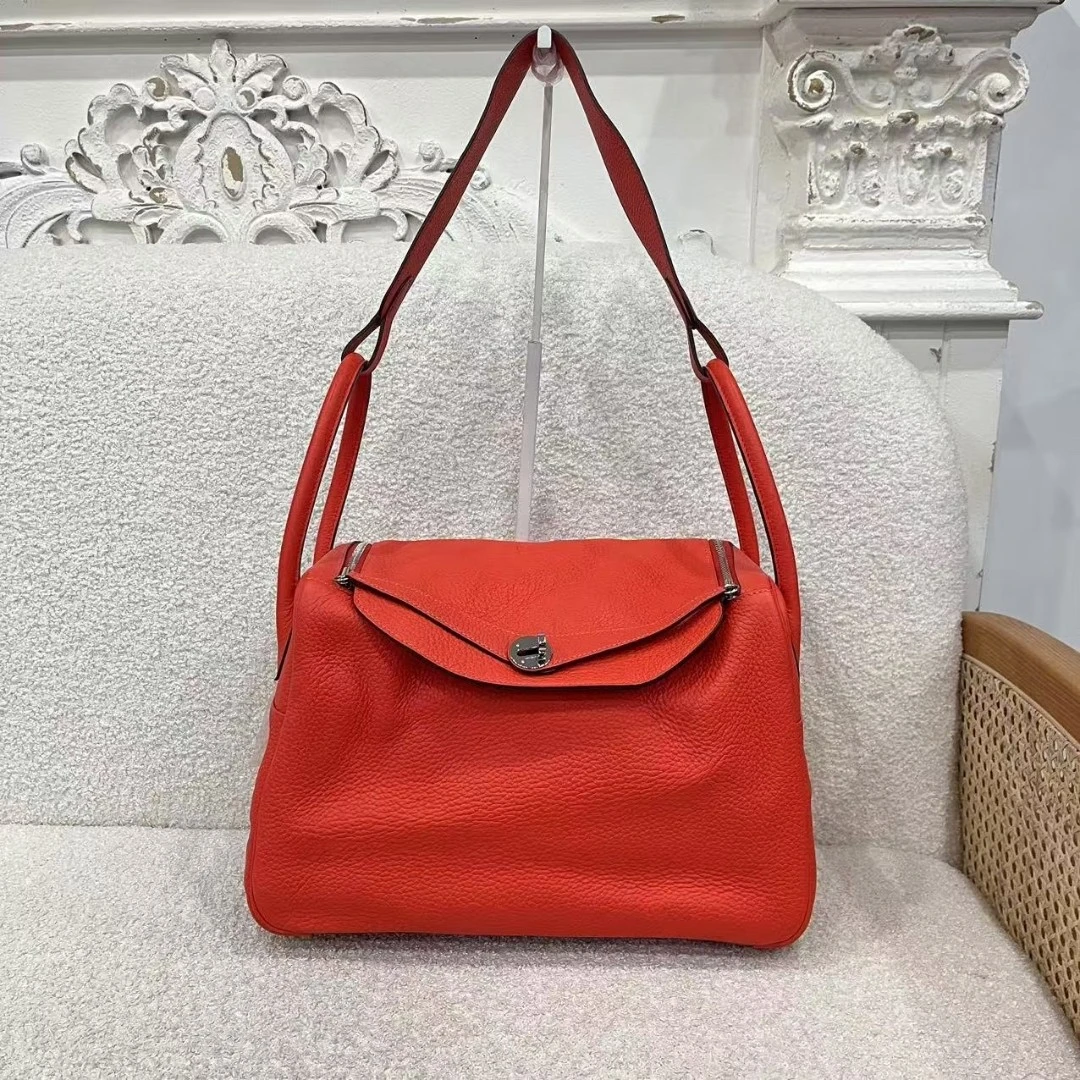 99新 Hermes/爱马仕 lindy34火焰橘火焰橙银扣tc皮R单肩包
