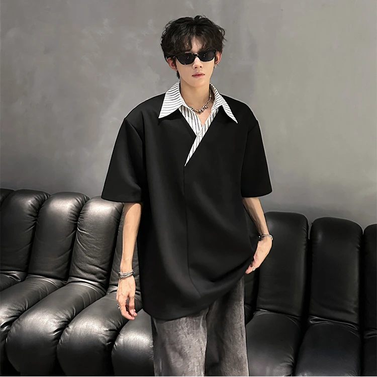 假两件短袖T恤男夏季美式潮牌拼色条纹Polo衫设计感百搭半袖上衣