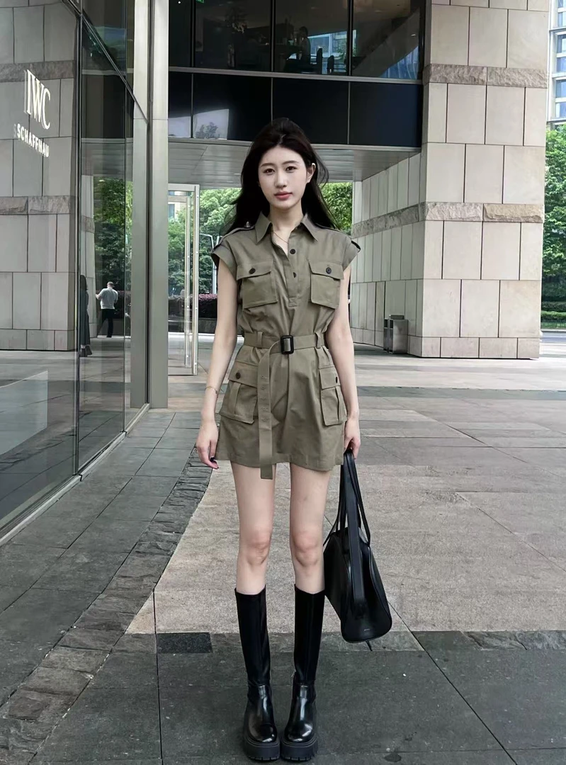 【孙钰颍】甘草绿色高腰女装复古欧美风简约通勤夏季连衣裙老钱风