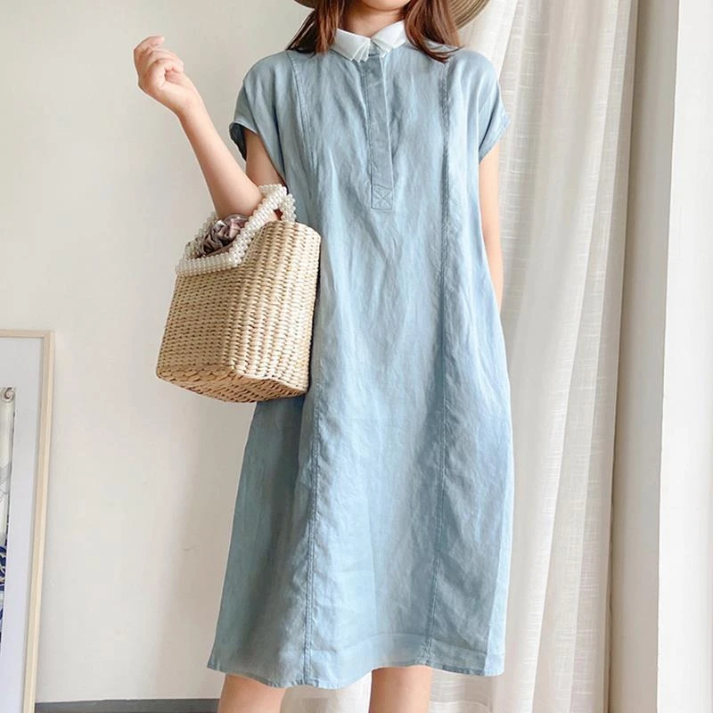 日系高端外贸尾单原单清仓女装文艺亚麻裙子短袖棉麻娃娃领连衣裙