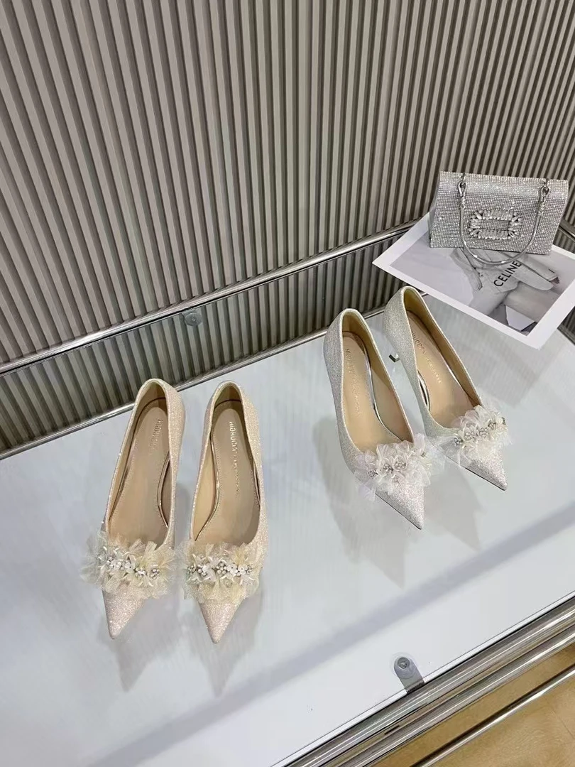 轻职风尖头拼接法式细跟高跟鞋气质婚鞋小香风浅口细跟单鞋399-96