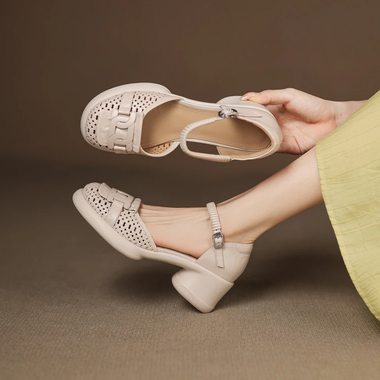 厚底高跟凉鞋时尚真皮夏季镂空软底透气复古圆头浅口百搭