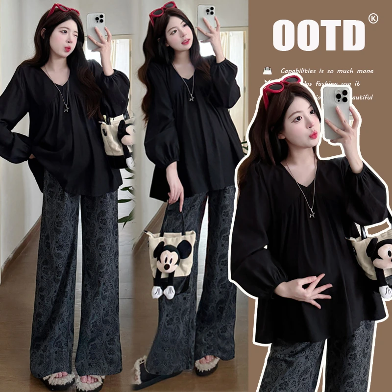 2025时尚宽松孕妇秋装法式领长袖娃娃领上衣腰果提花针织托腹长裤