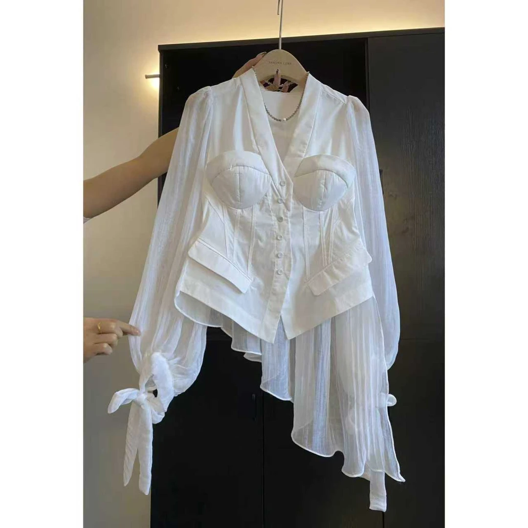 璎婲sᴀᴋᴜʀᴀ【灰洒自如】岚法式温柔设计感V领单排扣收腰灯笼袖衬衫