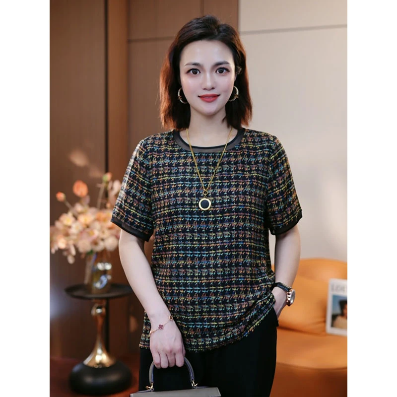 格纹绮韵-​夏季新款高贵轻奢休闲高级女士百搭时尚T恤上衣显瘦
