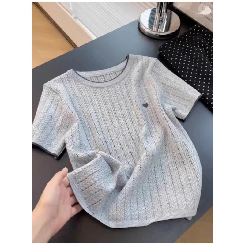 正肩针织短袖t恤女2025夏季新款撞色圆领刺绣短款内搭打底衫上衣