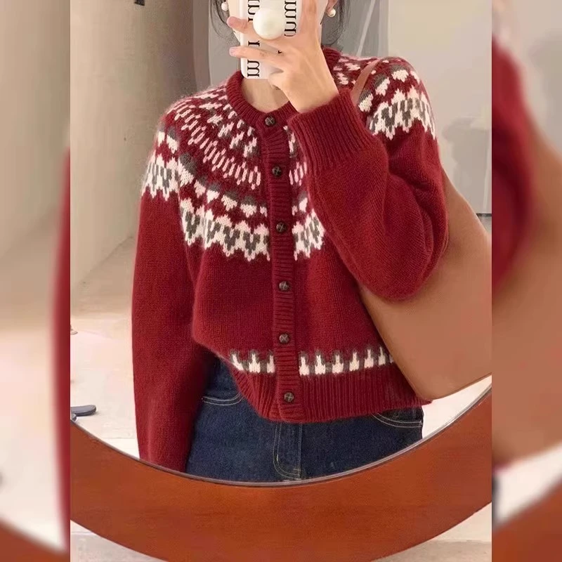 圣诞红色费尔岛毛衣女秋冬小个子慵懒风针织开衫外套2025新款上衣