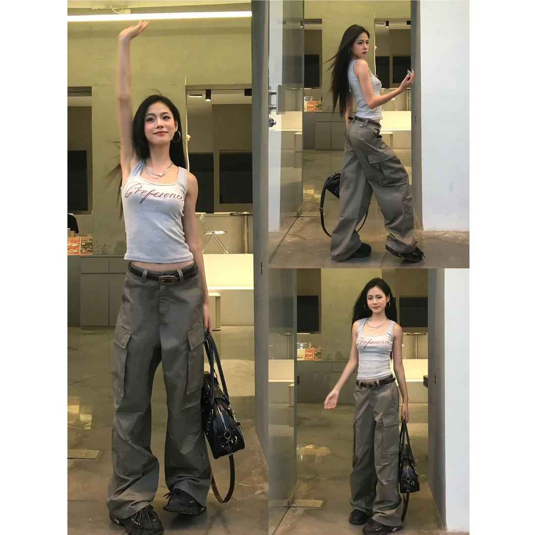 【十二】美式复古工装裤女春夏小众辣妹高腰直筒休闲阔腿裤 AAB002