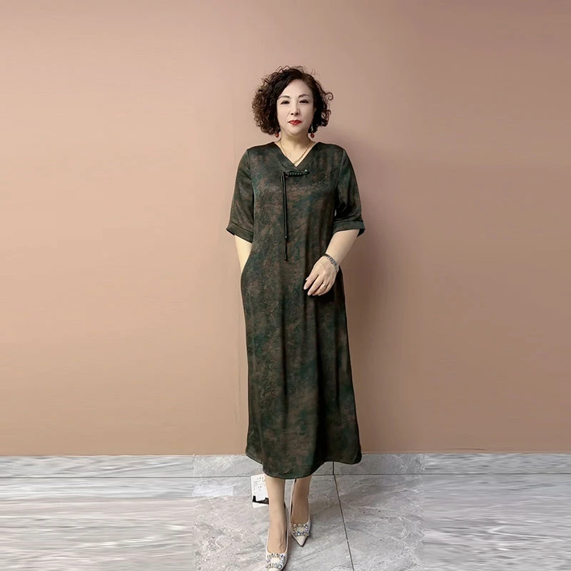 中老年妈妈新中式连衣裙气质洋气中长款夏季打底长裙妈妈装中年
