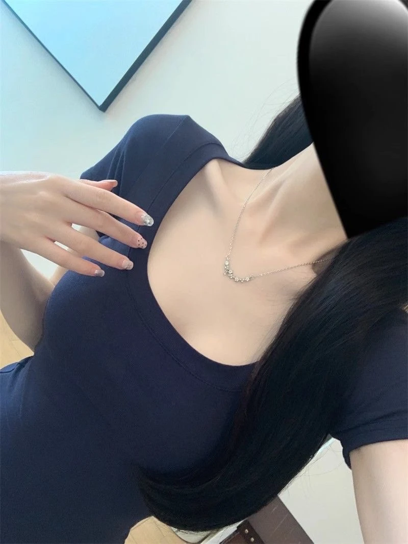 U领正肩女t恤新款修身百搭辣妹低领螺纹纯欲掐腰打底衫短袖上衣女