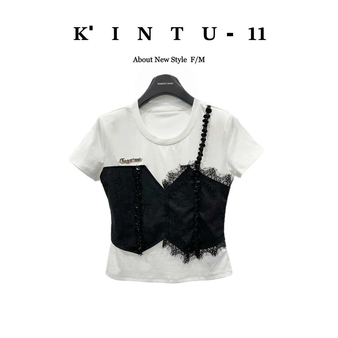 【K-11】原创设计 “单肩吊带”左肩亮片蕾丝抹胸拼假两件短袖T恤9968