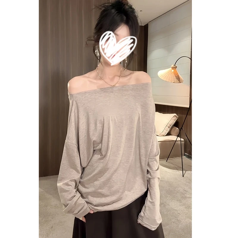 慵懒法式斜肩极简垂感宽松oversize高级秋季长袖打底T恤女装上衣