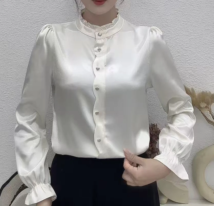 气质百搭长袖立领衬衫真丝缎面花边设计上衣