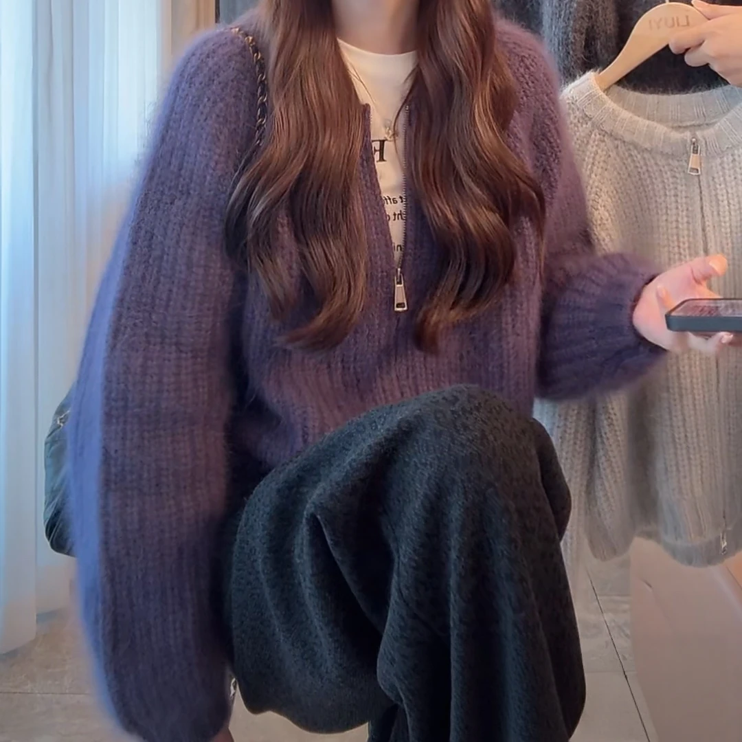 混纺重工毛感保暖拉链毛衣外套女2025新款秋冬时尚纯色长袖针织衫