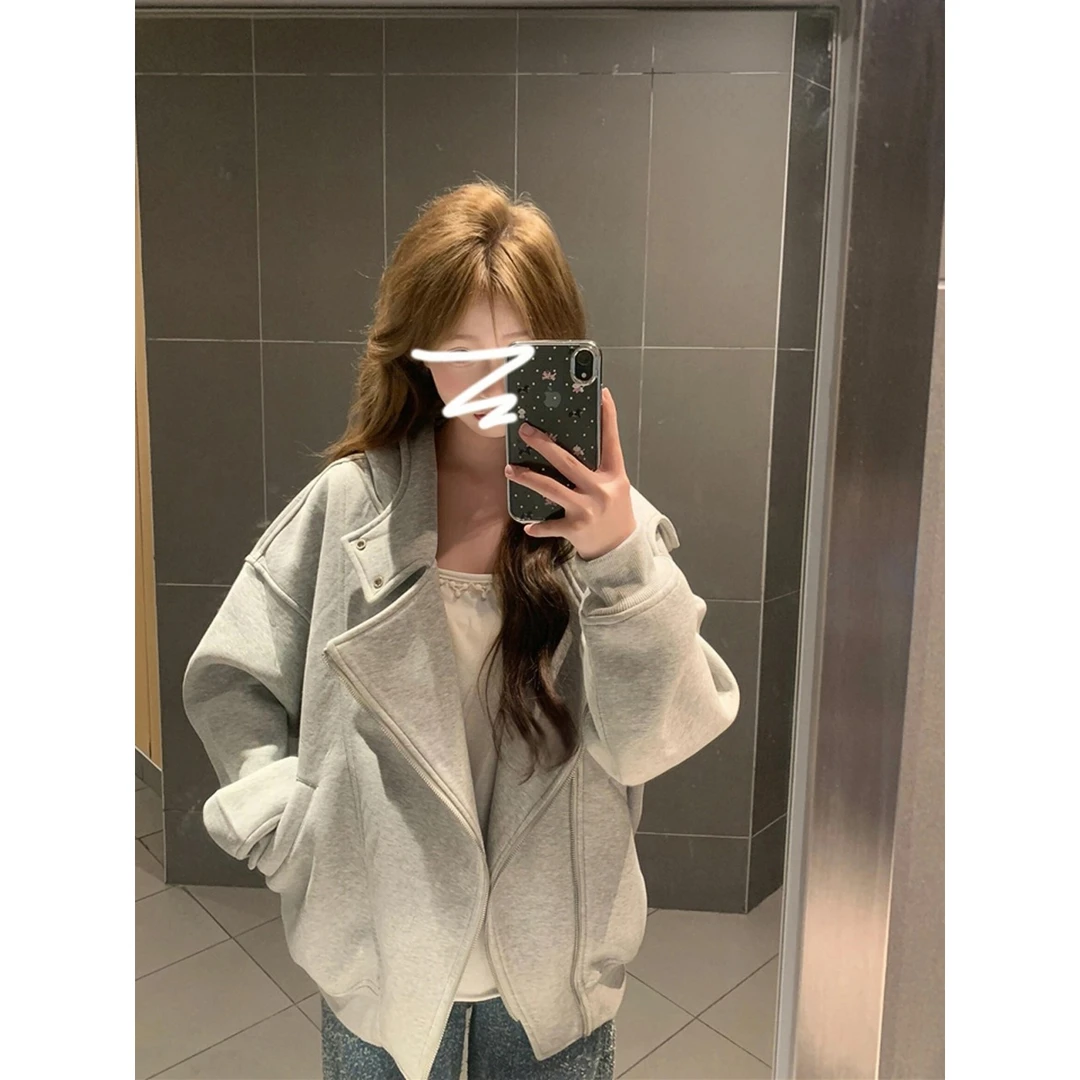 新款设计感拉链连帽卫衣女韩系慵懒风开衫秋季宽松刺绣休闲外套