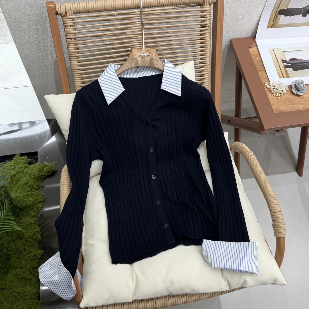 大胡子25年新款衬衫领拼接袖口设计感气质羊毛衫8738