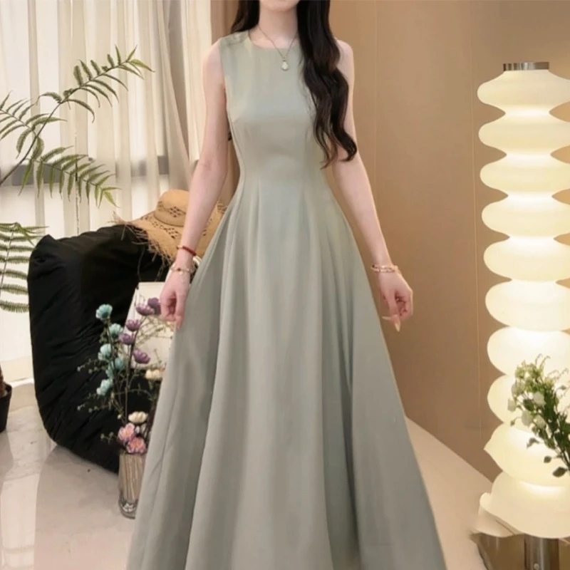 生日长裙无袖版夏季薄料显瘦气质长裙纯色连衣裙992