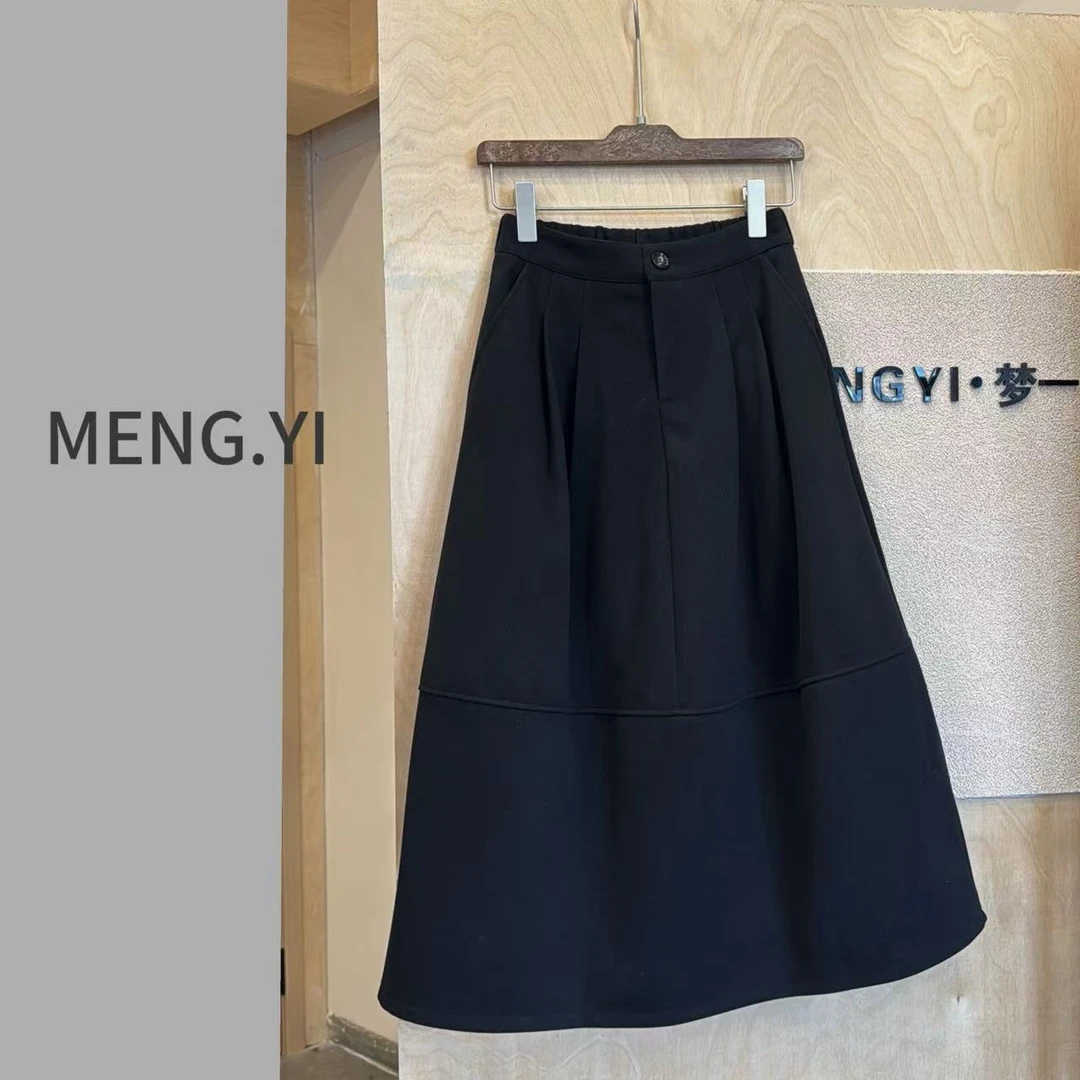 MENG.YI松紧腰头黑色花苞半裙5423
