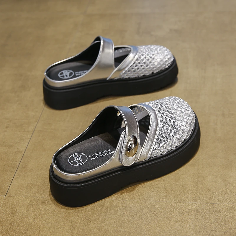 夏季凉拖鞋女网面蕾丝镂空透气包头半拖外穿2025新款时尚厚底凉拖