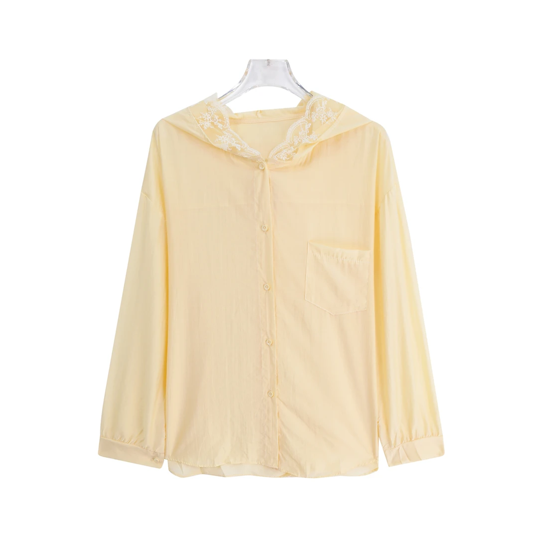 S韩系慵懒风蕾丝拼接连帽防晒衣女夏季百搭衬衫A11221