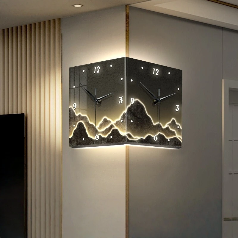 现代简约客厅双面挂钟背有靠山创意时钟壁灯画免打孔转角钟表挂墙