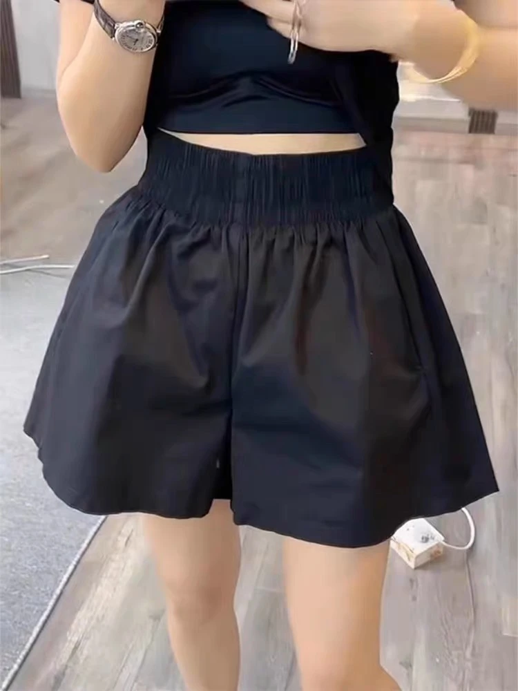 黑色花苞休闲短裤女2025夏季新款胖mm高腰宽松显瘦百搭阔腿热裤子