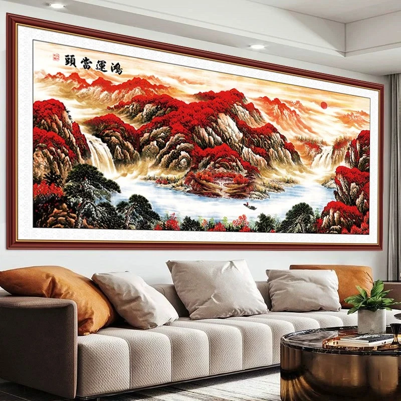 鸿运当头版权十字绣成品不带框纯手工已绣好2024新款线绣客厅山水