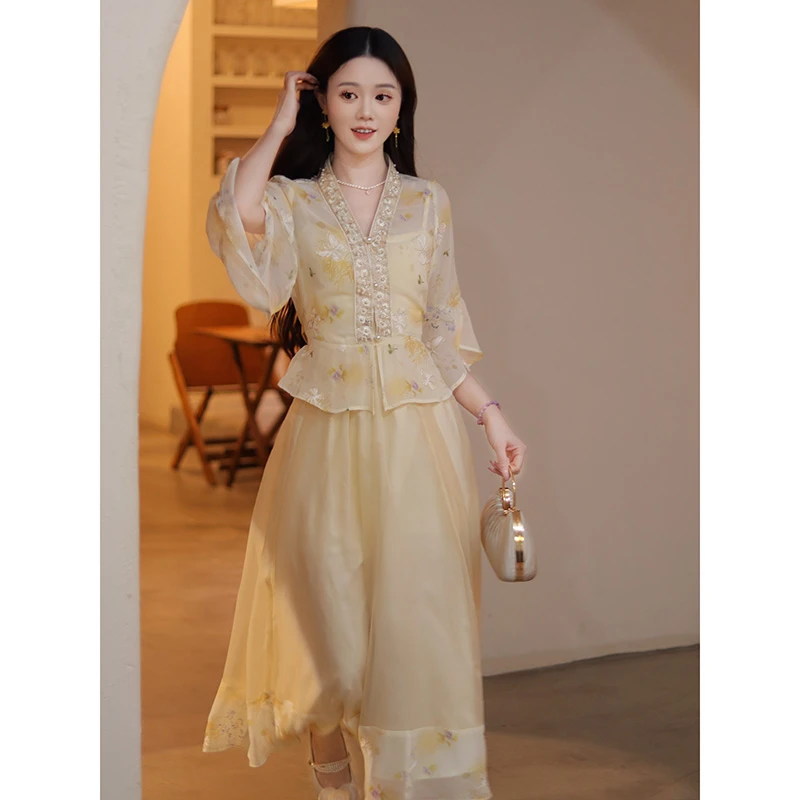瑶西【浅月】黄色长裙气质汉服连衣裙新中式刺绣外套两件套
