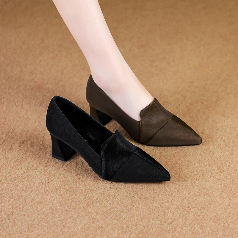 SLM春秋马毛9783尖头5公分粗跟34-42单鞋圆尖头显瘦舒适单鞋女鞋