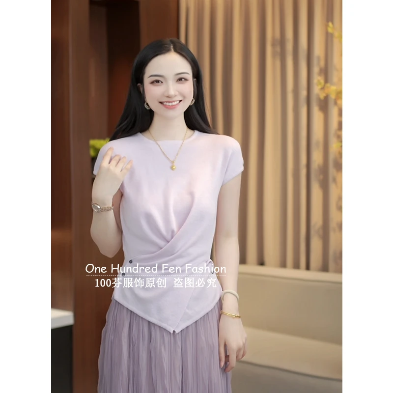 韩版不规则交叉系扣针织衫2025新款夏季圆领百搭显瘦上衣女