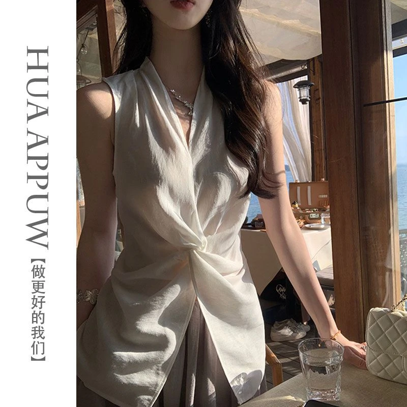 v领纽结无袖背心衬衫女夏外穿气质修身显瘦时尚小衫上衣2025新款