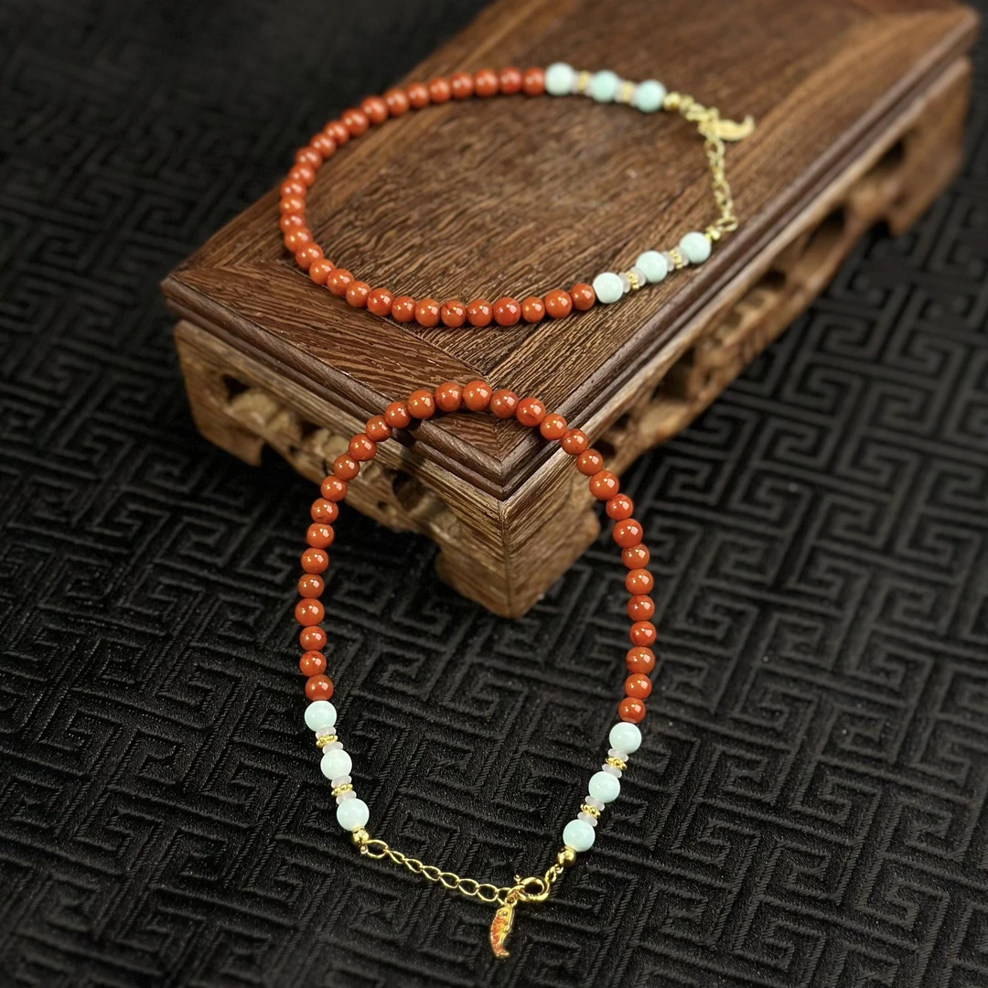 约4.5mm南红玛瑙圆珠搭绿松石S925银配件手链多样性发一