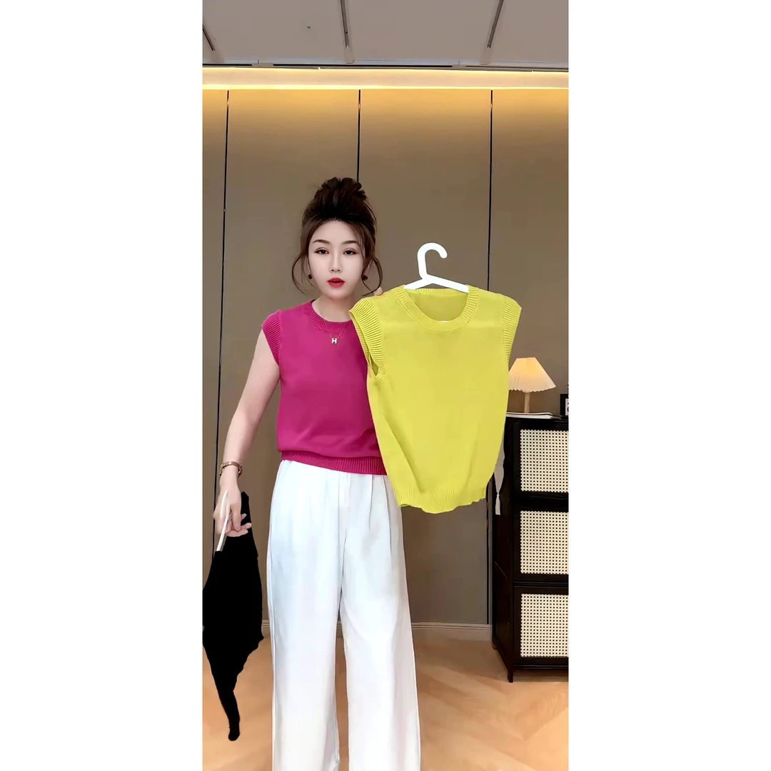 夏季时尚休闲薄款圆领坎肩微透针织背心上衣