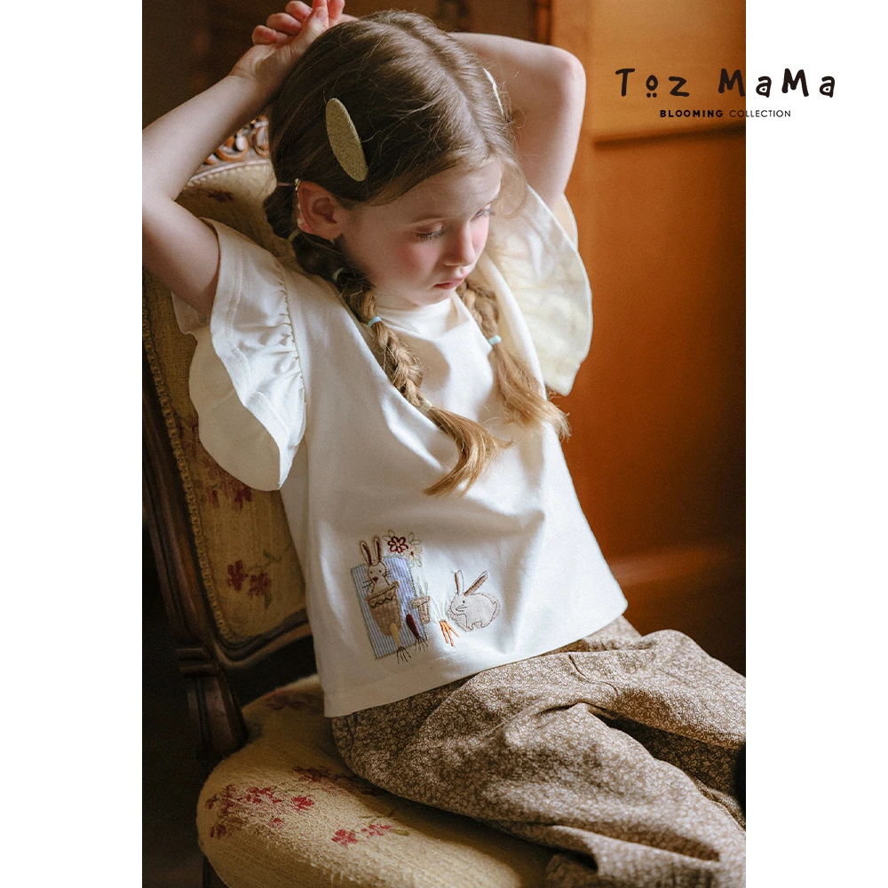 TozGirls豆几妈趣味兔子贴布绣花短袖t恤女童春季新款上衣儿童