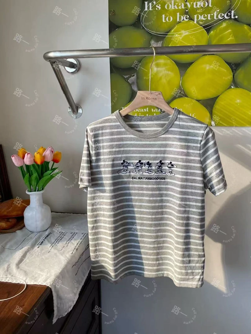 韩国代购.Call my name 排队米奇 条纹短袖L25062823