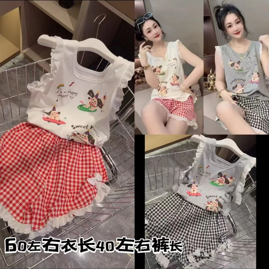 LL琳韩版小狗背心睡衣印花卡通学生无袖宽松大码家居服两件套