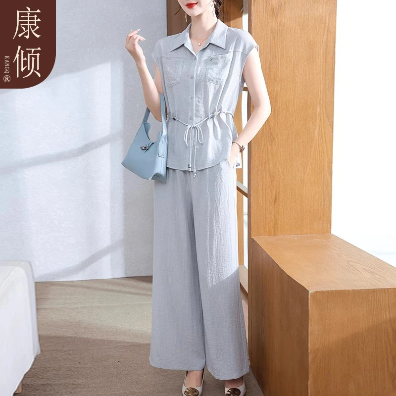 妈妈夏装时尚衬衫套装2025新款短袖上衣中老年女夏季阔腿裤两件套