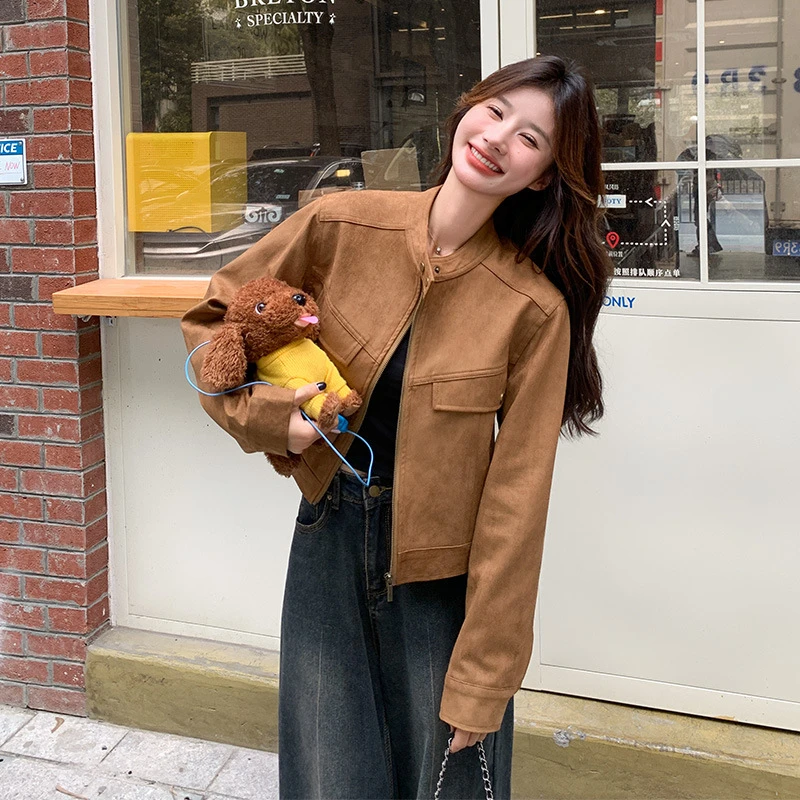 美拉德鹿皮绒立领夹克外套女2025秋季新款复古气质宽松长袖机车服