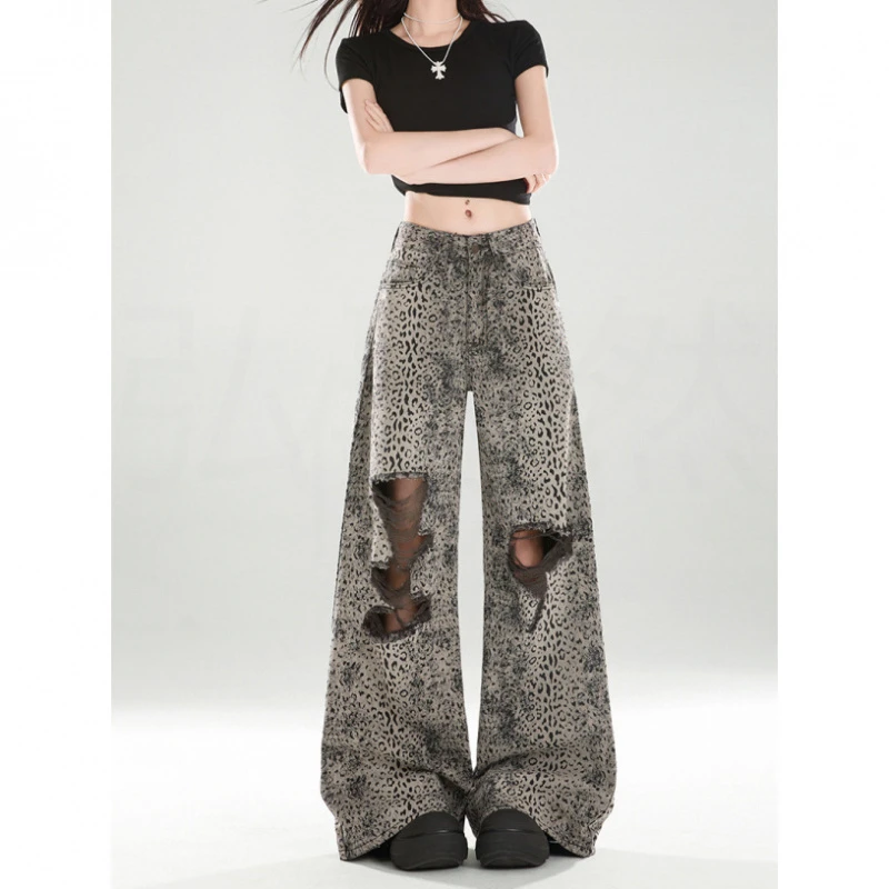 美式豹纹印染撞色设计感磨破阔腿牛仔裤女2025夏季新款时尚拖地裤
