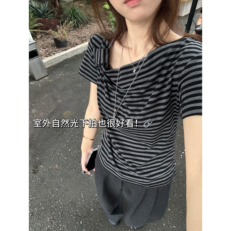 JMHH【咸咸条】打结荡领设计感短袖t恤女夏显瘦莱赛尔气质款上衣