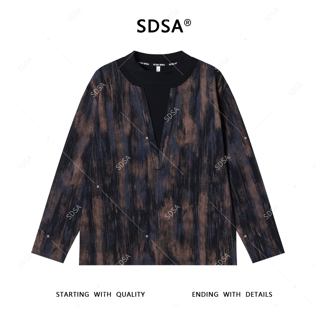 SDSA男士2025新款轻奢痞帅男装撞色印刷假两件圆领长袖T恤休闲潮
