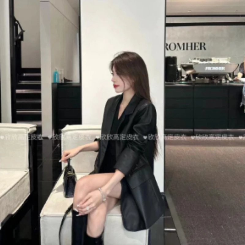 中长款轻职风宽松型春季秋季皮衣休闲欧版女士小西装