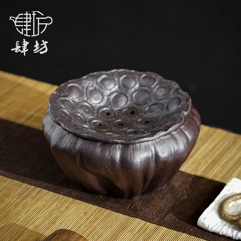 肆坊壹品粗陶莲蓬建水中式复古手工禅意风废水缸茶渣缸带盖过滤