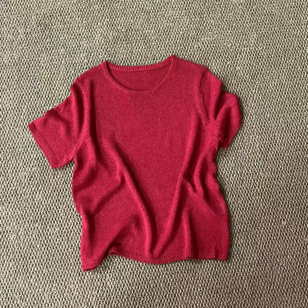 【左耳与麻】薄款桑蚕丝和纸夏圆领休闲风毛针织衫多巴胺穿搭22140