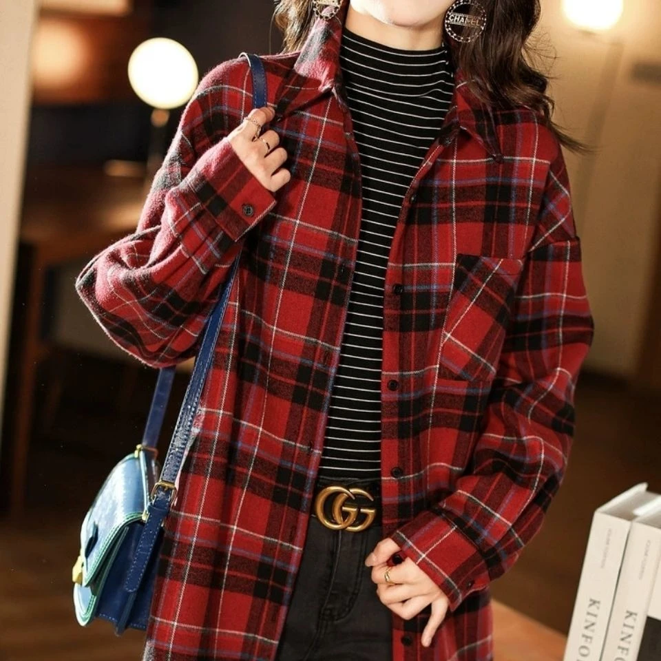 春秋磨毛格子长袖衬衫女2025新款大码衬衣宽松百搭休