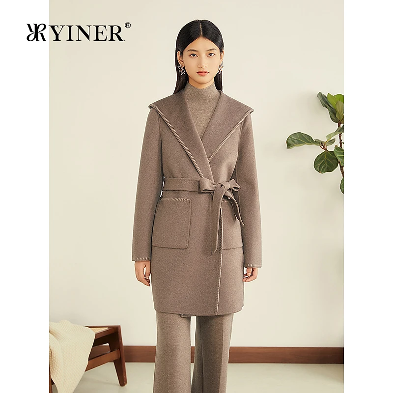 YINER音儿专选2025冬季新款睡袍式羊毛羊绒混纺连帽双面呢大衣