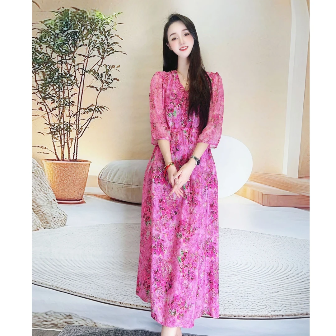 【25113花之语】25年新款时尚显瘦蜜桃粉桑蚕丝气质修身连衣裙118长