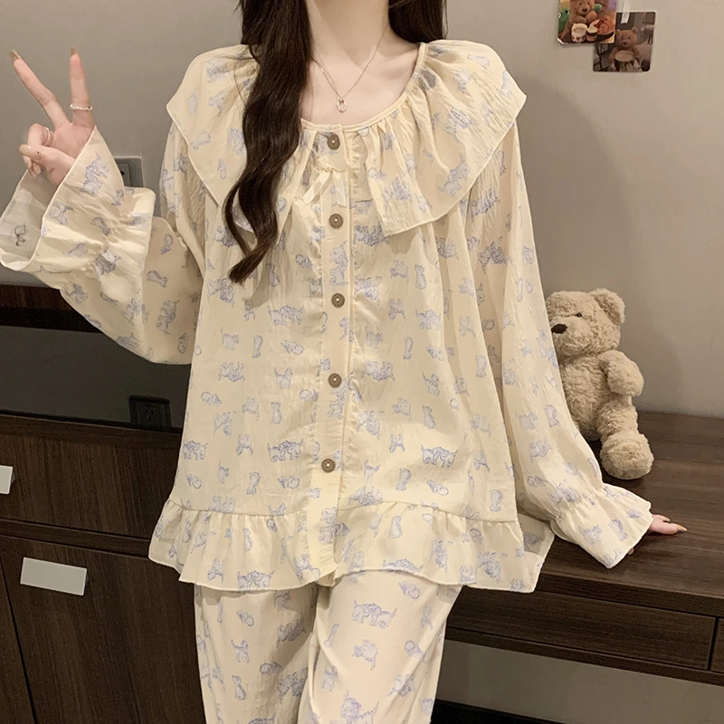 公主风睡衣女春秋款日系可爱复古风卡通小猫长袖长裤秋冬季家居服